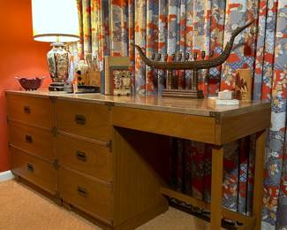 Vintage mid century Campaign style dresser & desk by Drexel 