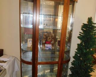 MAHOGANY CURVED GLASS LIGHTED CURIO CABINET