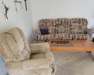 reclining chair, coffee table & couch