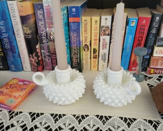 hobnail milkglass candle holders-pair