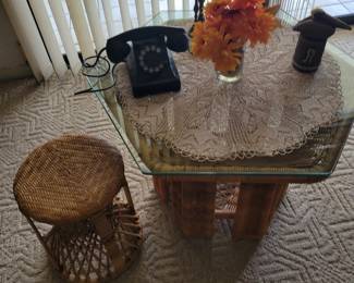 wicker glass top table and seat