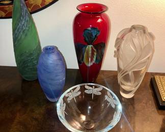 Art glass: Richard Satava red iris vase, Stephen Schlanser dragonfly bowl, William Glasner vase