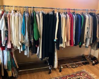 Some of HUGE selection of newer womens clothing , most size LARGE. Brands include: Eskandar, Lafayette 148, Escada, Saks, Neiman Marcus, Eileen Fisher, Frank & Eileen, Talbots, Brooks Bros. & more