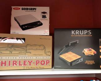Popcorn maker, Krups waffle maker (new in box)