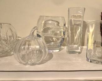 Waterford rose bowl, Simon Pearce pumpkin & square pitcher