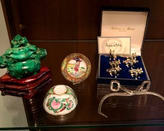 Chinese carved malachite jar, Tiffany sterling sugar/ice cube tongs, Fortnum & Mason pig place card holders,