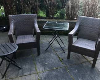 Outdoor wicker chairs, folding glass top table