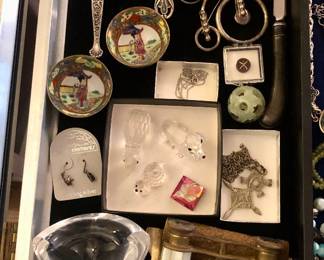 Waterford butterfly, Steuben double heart paperweight, Swarovski animals, antique opera glasses, sterling ladle