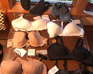 New-with-tag bras by Natori, La Perla, Simone Perele, Wacoal, Warners (sizes 38-40B + 40C), Bombas slippers