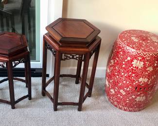 Hexagonal Asian stands, red ceramic garden seat