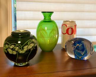 Art glass: Vases by Daniel Salazar (Lindbergh Studios) & Rochester Folk Art Guild, Doug Sweet paperweight