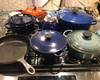 Le Creuset & Staub enamel on cast iron pans, Chantal tea kettle