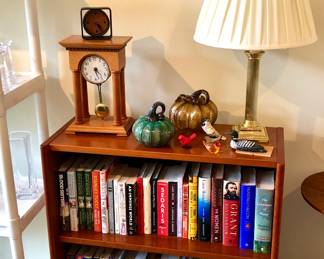 Clocks, glass pumpkins, Baldwin brass lamp, newer books