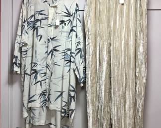 Eskandar silk collarless blouse (sz. 1), Eileen Fisher velvet pants (lg.)