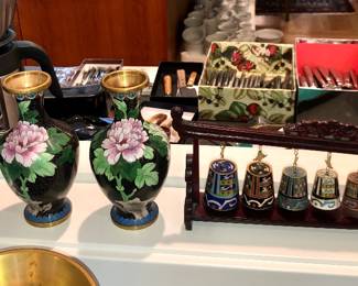 More cloisonne vases & bell set