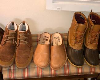 Mens shoes: Stio boots, VIBAe Roma leather slippers, L.L. Bean boots with Gore-tex (size 9)