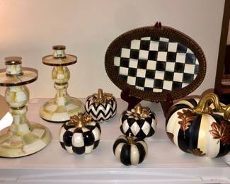 Mackenzie-Childs candlesticks, Courtly Check tray, pumpkins & candle