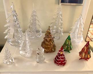 Simon Pearce, Fenton & Murano glass Xmas trees, S.P. snowman