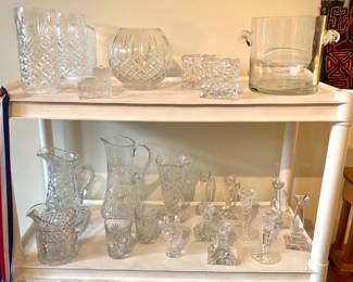 Cut crystal pitchers & tumbler, Waterford & Rosenthal candlesticks & vases, Tiffany ice bucket