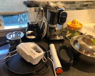 Hand mixer, Oster blender, Cuisinart coffee maker, Joule sous vide, citrus juicer, All-Clad pan