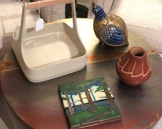 Motawi tile, Guzzini caddy, Tonala pottery & brass quail, Santa Clara Pueblo pot