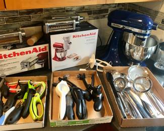 Blue KitchenAid KSM90 mixer + attachments (new in box!), kitchen utensils & gadgets