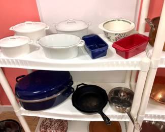 Casseroles by Le Creuset & more, big Chantal roaster, Lodge cast iron skillets