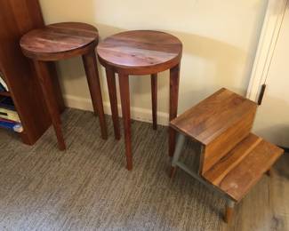 Serena & Lily step stool, Cagney side tables by Butler (14” diam., 23”H)