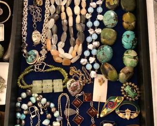 Jewelry: Necklace by Zoe B., other semi-precious necklaces, amber bracelet, sterling cross