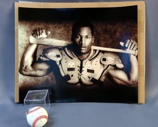 Bo Jackson Autographed Baseball With Ace Vintage Authentication Sticker, In Display Case, And Bo Jackson Bat Shot Print 