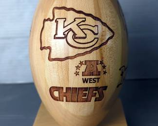 Kansas City Chiefs Laser Engraved Wood Football Autographed By Rudy Niswanger, Brandon Albert, Brian Waters, And Darryl Harris 