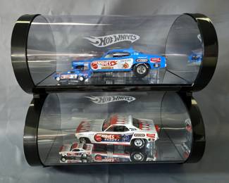 Autographed Hot Wheels Tom McEwen Mongoose II Plymouth Diecast Cars, And Don Prudhomme Snake II Plymouth Diecast Cars, In Display Cases 