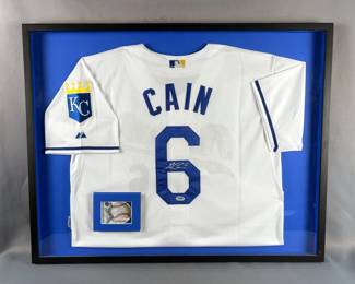 Lorenzo Cain Autographed Kansas City Royals Jersey With Panini National Treasures Autographed Trading Card Numbered 62/99 