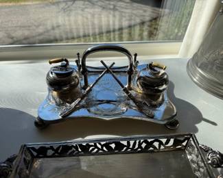 Silverplated curling stone inkwell stand