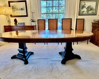 Karges figured walnut dining table with painted pedestal base 28"h x 71" long + two 20" leaves