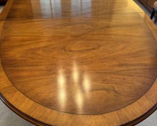 Karges figured walnut dining table with painted pedestal base 28"h x 71" long + two 20" leaves