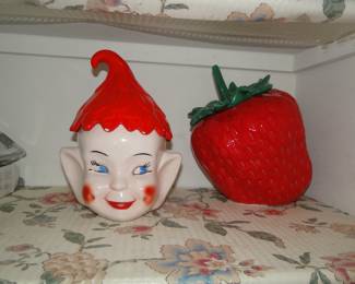 Elf cookie jar, and strawberry cookie jar