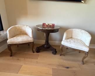 Matching Antique reupholstered Chairs and contemporary table