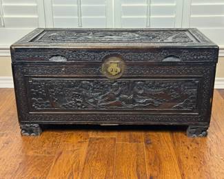 Antique Oriental Carved Wooden Trunk Chest