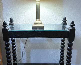 Antique English Oak umbrellas stand that was converted to a side table
