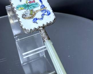 Chinese small hand mirror with hand painted porcelain back and a jade handle