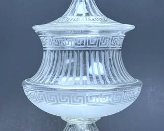 Antique 19th century glass covered punch bowl with creek key engraving