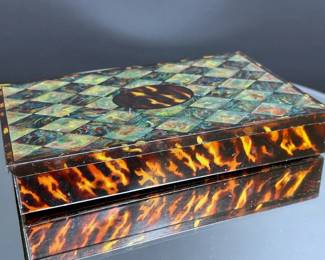 Antique English Biscuit tin by William Crawfords & Sons with faux mother of pearl and tortiseshell finish