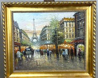 Vintage landscape painting in the style of French artist Antoine Blanchard (1910 - 1988). He is well known for his painting he did after WWII depicting the Belle Époque period in Paris of the 1890s.