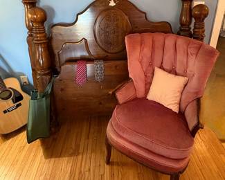SOLID WOOD BED & ANTIQUE CHAIR