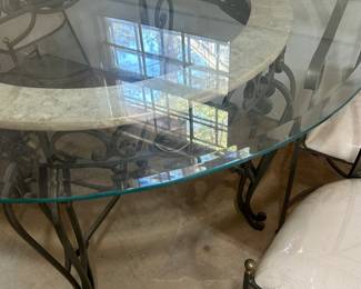 Marble, Metal and Glass Round Kitchen Table w/ Four Chairs