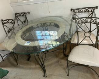 Marble, Metal and Glass Round Kitchen Table w/ Four Chairs