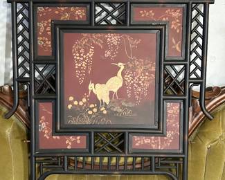 Vintage Chinoiserie Style Black Metal Fretwork Fireplace Screen