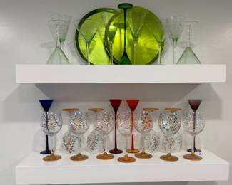 Holiday stemware. Green glassware with trays. Set of (6) tall different colored stemware