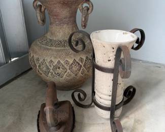 Vintage H. B. & Co sad iron, clay vase, vase in cast iron holder 
